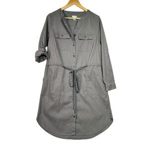 L.L. Bean Cotton Blend Button Up Tie Waist Utility Dress Sz Medium Gray Pockets